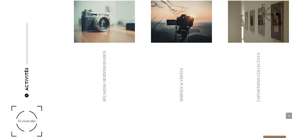 Section « Activités » du site web de l’Atelier Photo Clapiers présentant les réunions hebdomadaires, les sorties photographiques et les expositions collectives