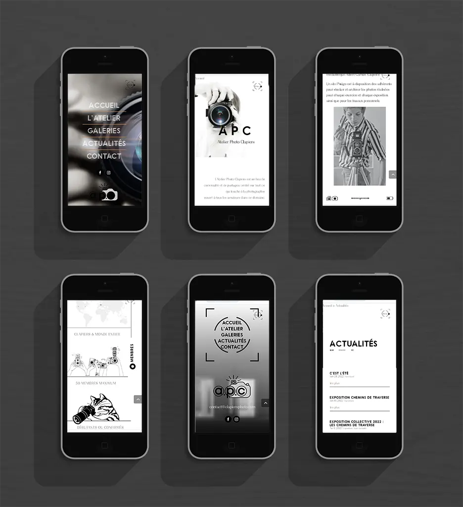 Aperçu du design responsive mobile du site web de l’Atelier Photo Clapiers présenté sur smartphones après la refonte