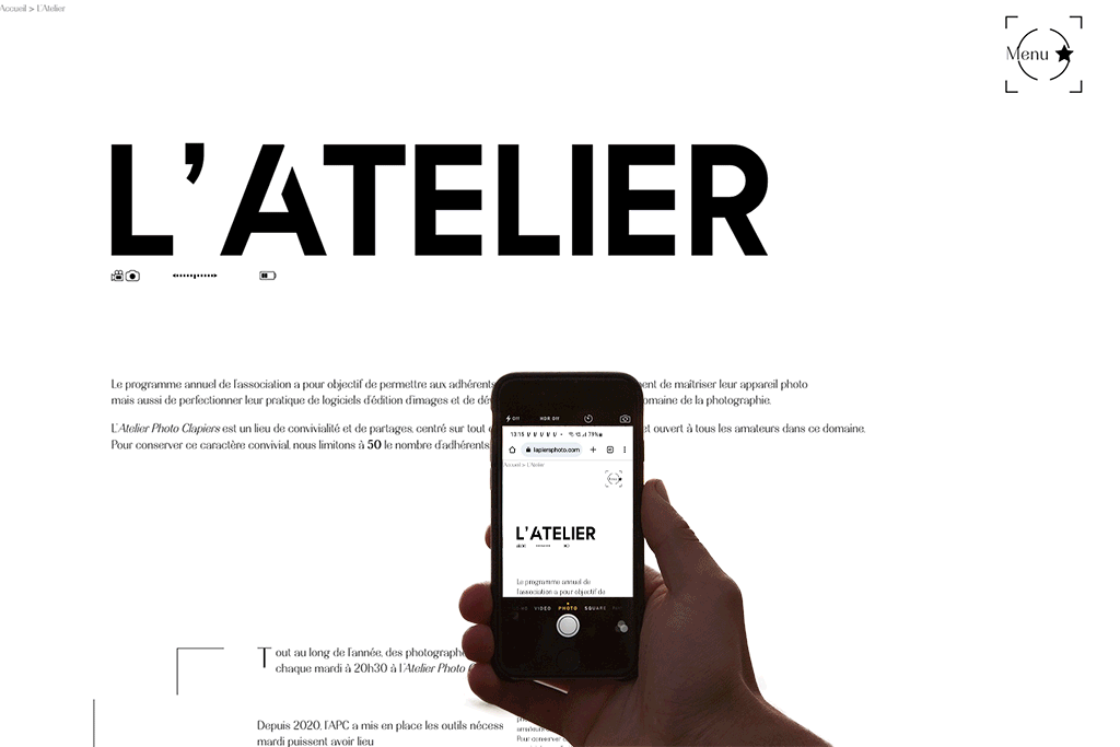 Aperçu du design du site web de l’Atelier Photo Clapiers illustrant le parti-pris graphique minimaliste en noir et blanc