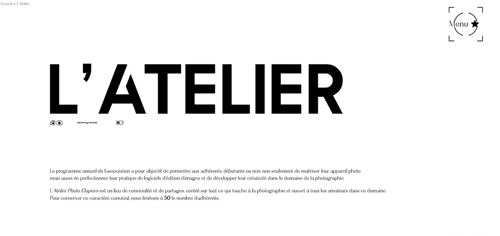 Page « L’Atelier » du site web de l’Atelier Photo Clapiers présentant la structure éditoriale et la typographie principale après la refonte
