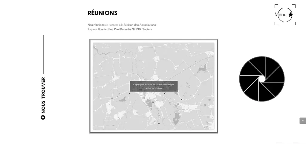 Page du site web de l’Atelier Photo Clapiers dédiée aux réunions hebdomadaires et à la localisation du club