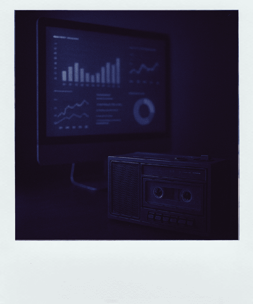 Photo polaroid d’un environnement technologique mêlant une radio vintage et un écran affichant des données, illustrant la gestion informatique et l’analyse