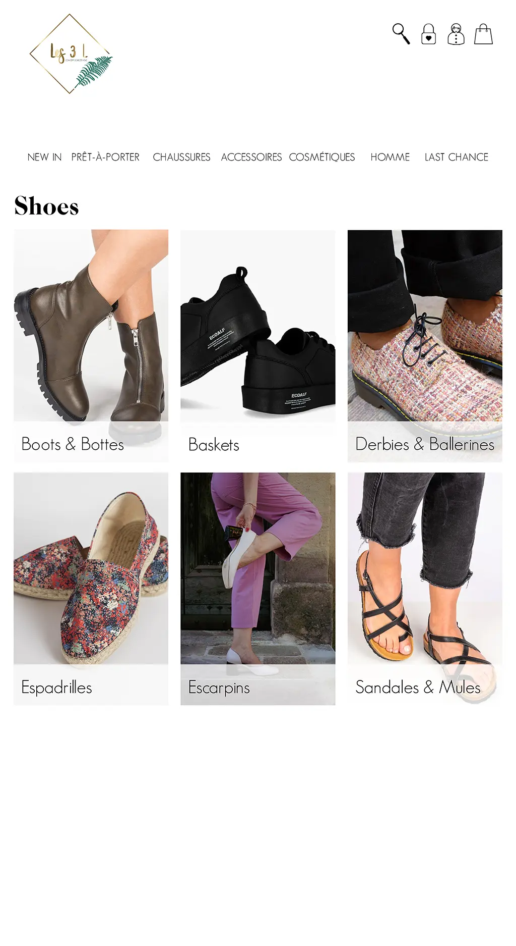 Accéder aux sous-catégories de chaussures du site des 3 L