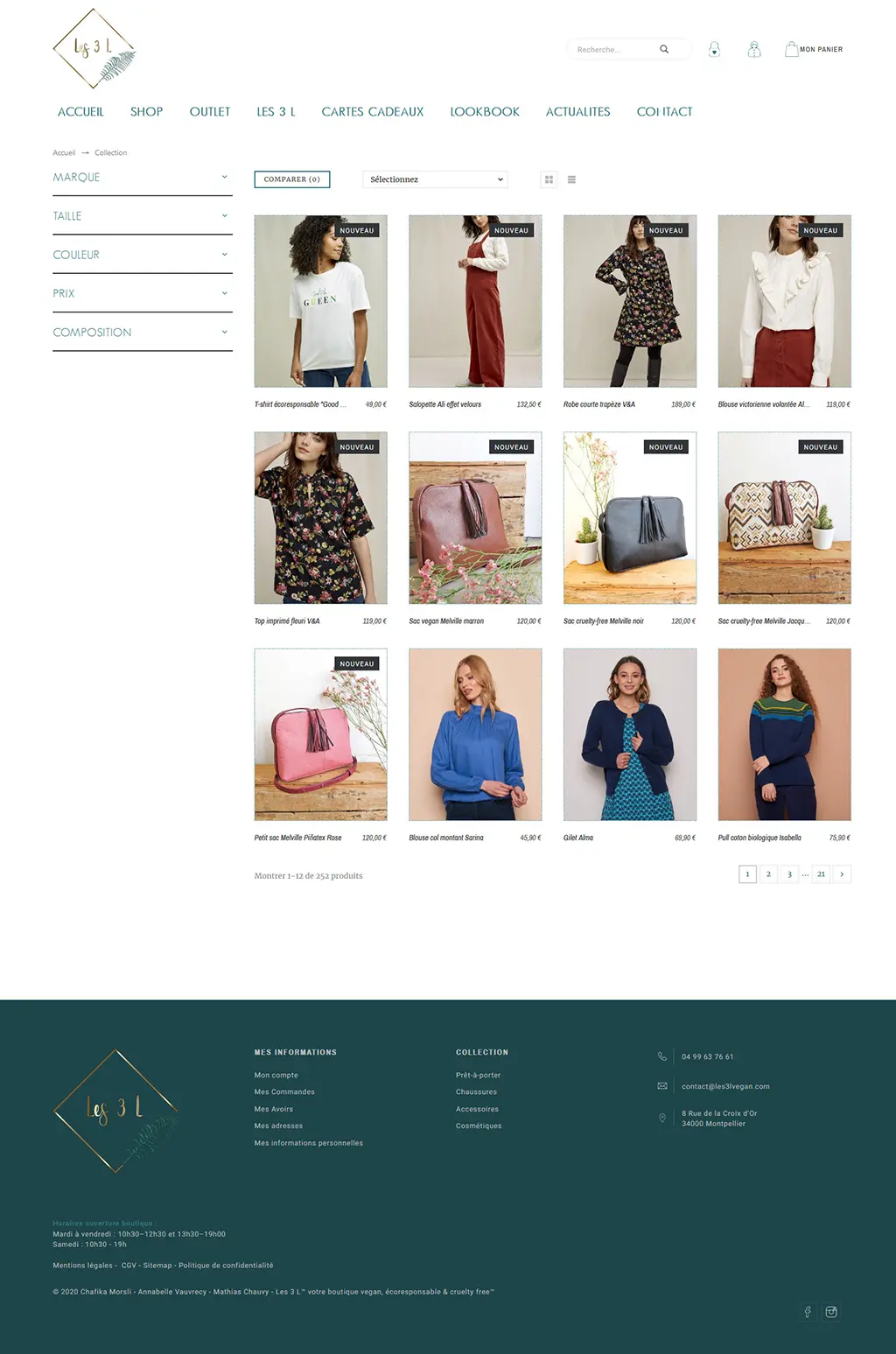Capture de la page e-commerce du site web des 3 L présentant le catalogue de produits de mode éthique et végane