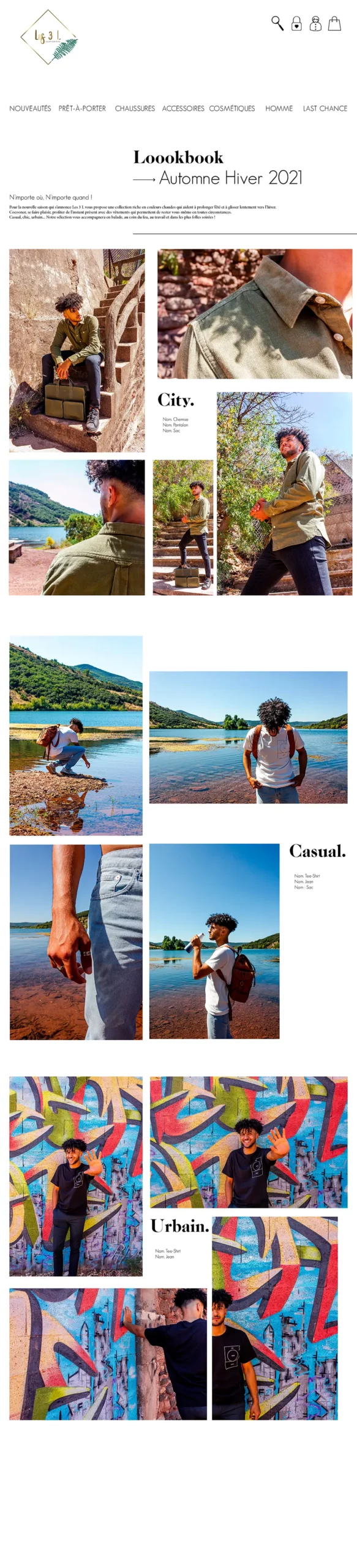 Capture du lookbook homme du site web des 3 L présentant différentes ambiances et styles de collections