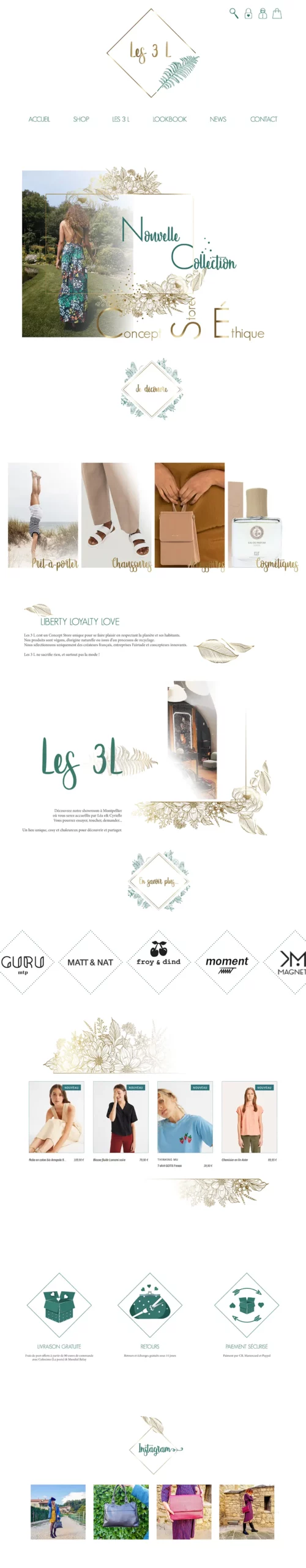 Vue du design du site web des 3 L mettant en avant l’univers graphique du concept store éthique et végane