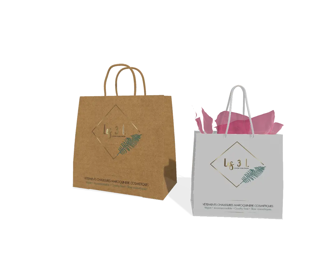 Sacs en papier personnalisés pour Les 3 L, concept store de mode éthique et végane à Montpellier