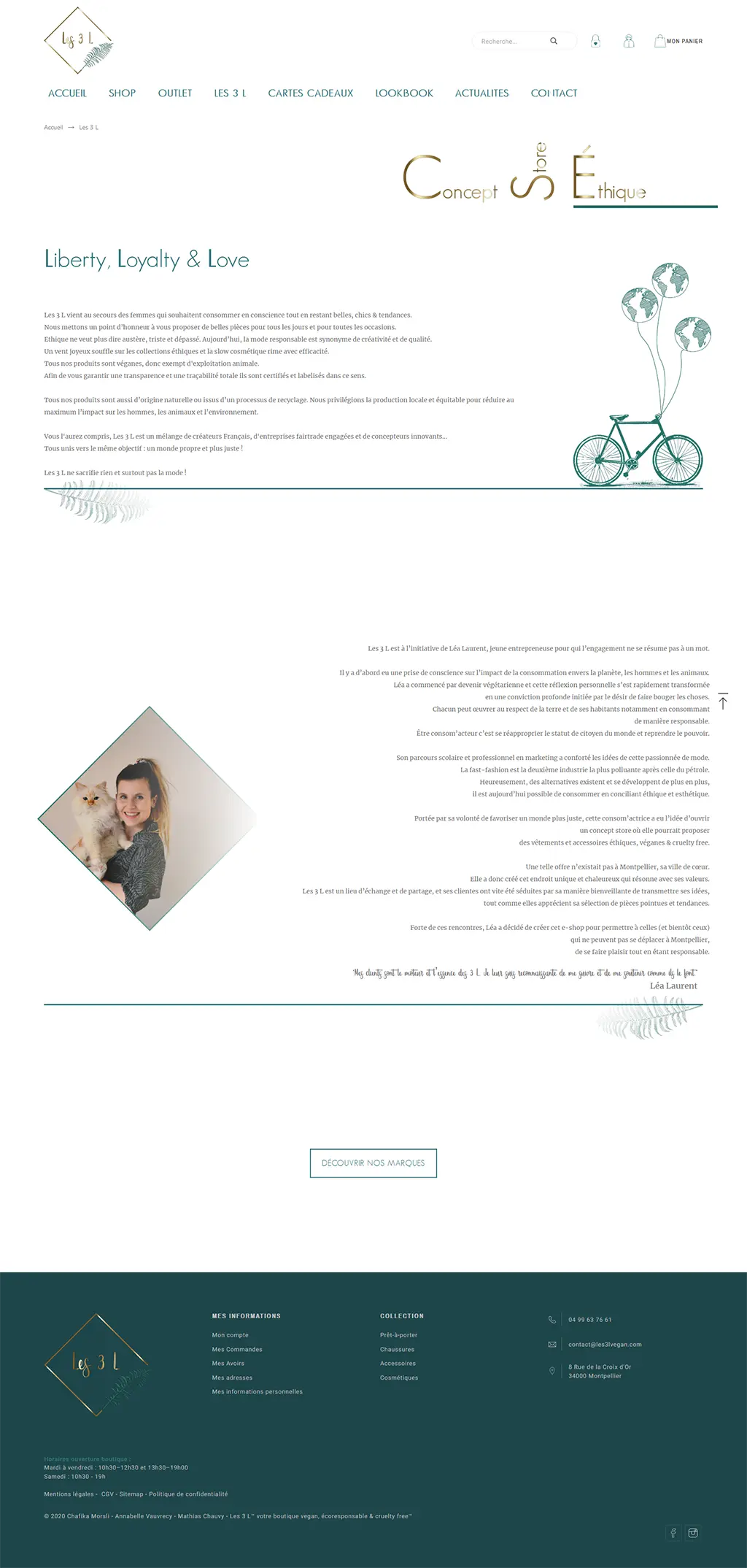 Capture d’une page éditoriale du site web des 3 L illustrant le storytelling et les valeurs du concept store éthique et végane