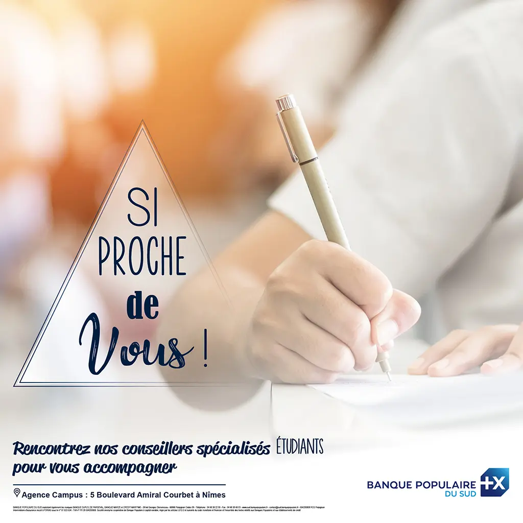 Affiche Banque Populaire du Sud pour les étudiants mettant en avant la proximité et l’accompagnement local