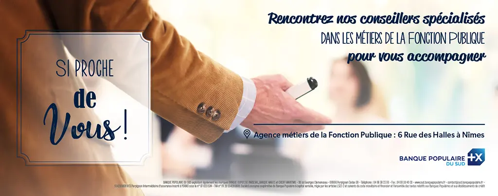 Affiche Banque Populaire du Sud destinée aux métiers de la fonction publique mettant en avant un accompagnement spécialisé