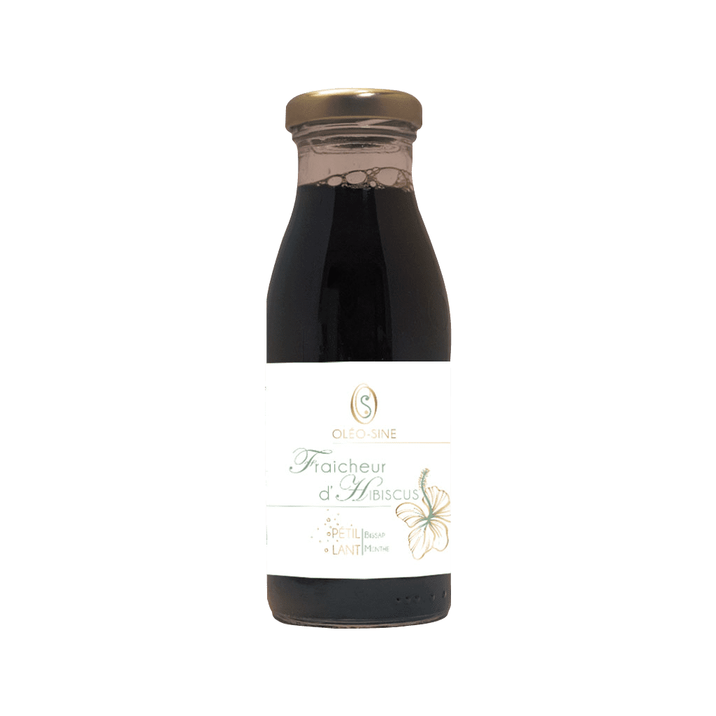 Bouteille de boisson hibiscus avec le nouveau design Oléo-Sine réalisé dans le cadre de la refonte