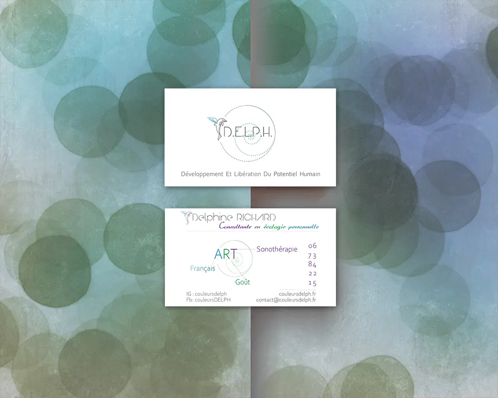 Cartes de visite de Couleurs DELPH illustrant l’identité visuelle et les informations de contact de l’activité