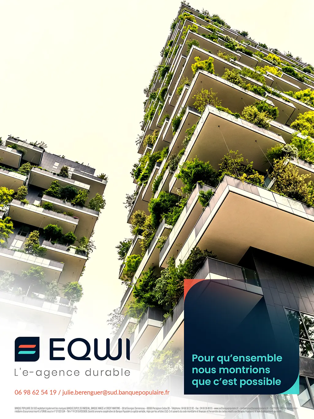 Affiche EQWI agence bancaire durable avec slogan illustrant une campagne de communication responsable