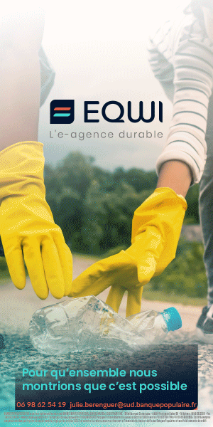 Affiche EQWI agence durable montrant une action de ramassage de déchets dans la nature