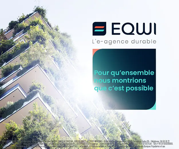 Bannière web EQWI agence durable Banque Populaire du Sud mettant en avant un bâtiment écologique