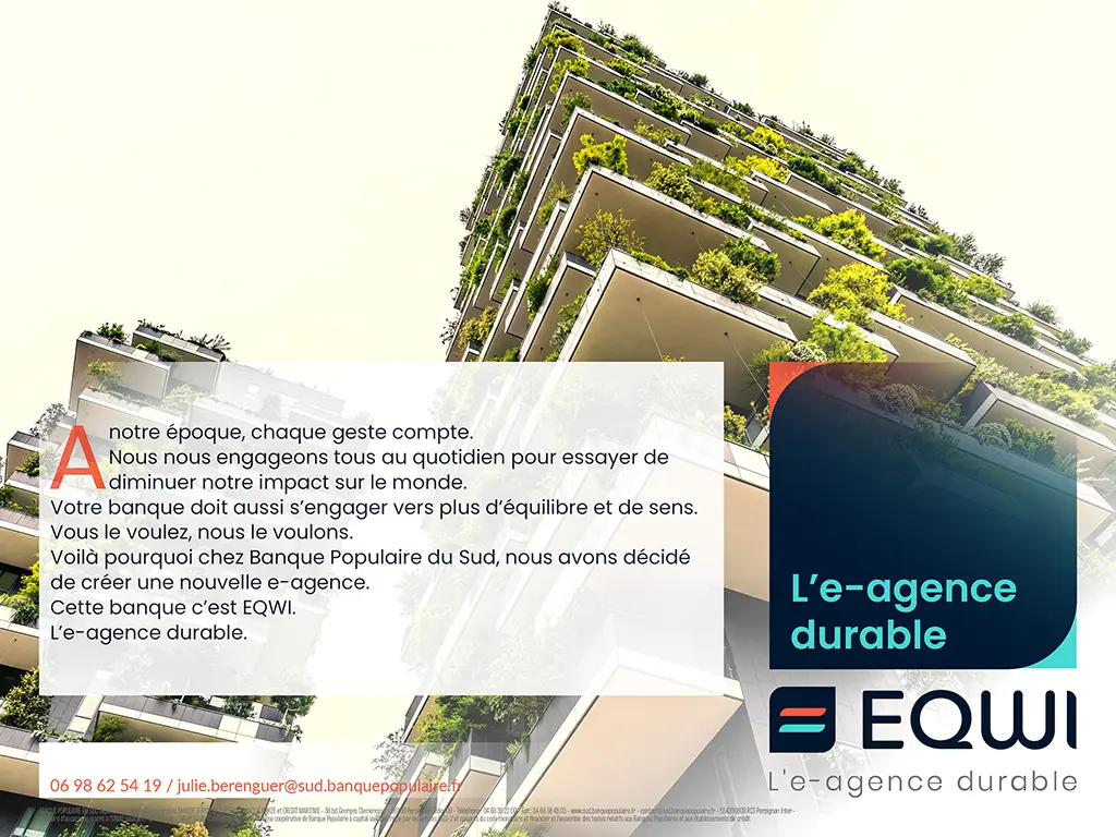 Visuel éditorial EQWI Banque Populaire du Sud présentant un message sur le développement durable et l’engagement environnemental