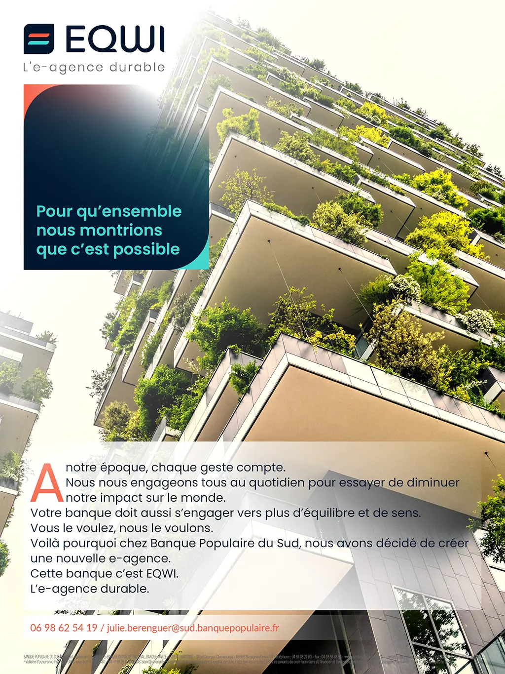 Affiche campagne EQWI agence durable avec slogan et informations de contact intégrant une communication responsable