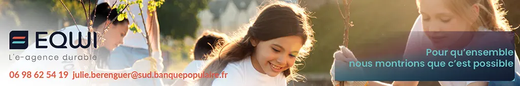 Visuel EQWI campagne durable avec message écologique et informations de contact de l’agence