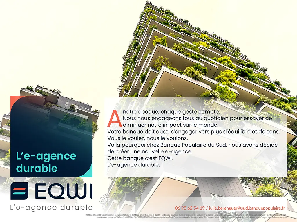 Visuel EQWI avec texte éditorial sur le développement durable et présentation de l’agence en ligne