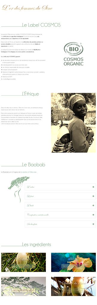 Sections du site Oléo-Sine présentant la certification COSMOS, les valeurs éthiques et les ingrédients naturels
