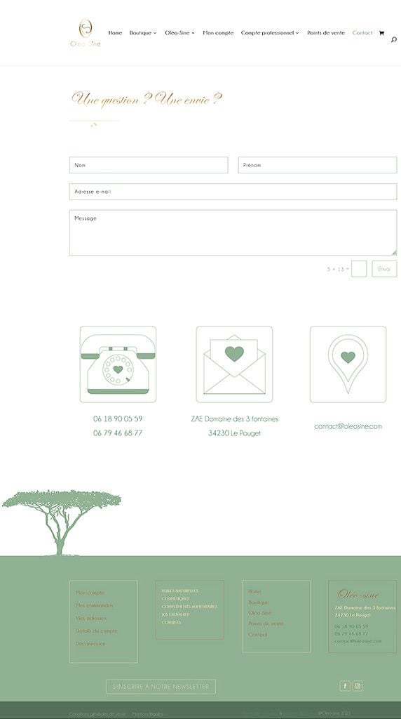 Formulaire de contact et coordonnées affichés sur le site Oléo-Sine