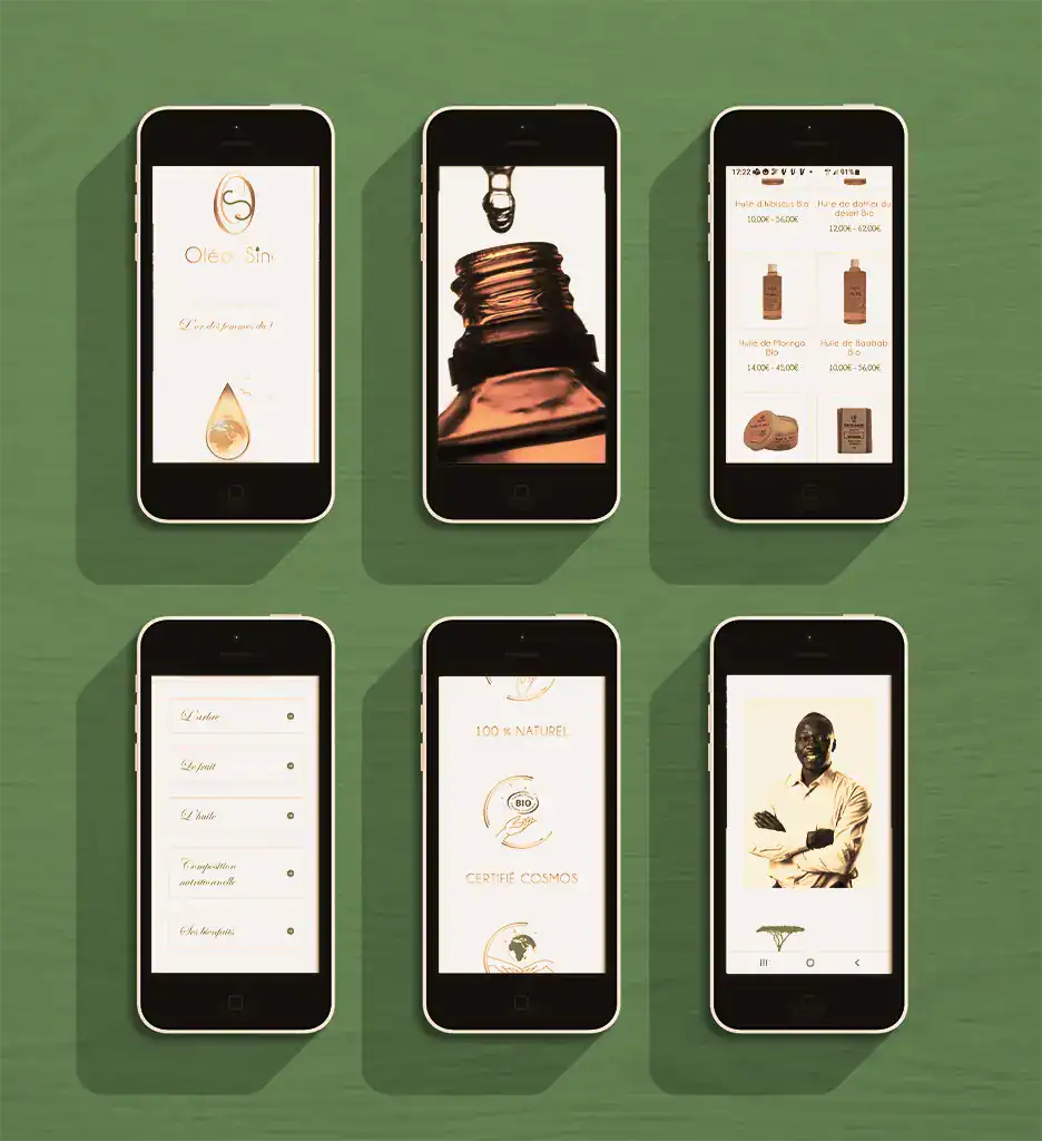 Parcours utilisateur mobile du site Oléo-Sine illustré sur plusieurs écrans de smartphone