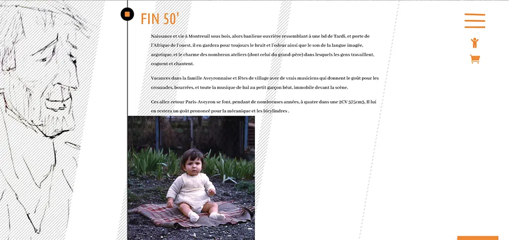 Page biographie du site STON présentant le parcours artistique avec timeline et contenu éditorial
