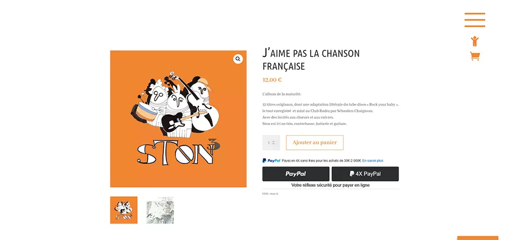Page de vente du site STON proposant l’achat d’un album avec interface e-commerce et options de paiement