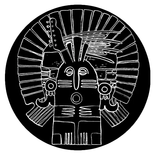 Illustration circulaire en noir et blanc inspirée de l’art primitif représentant l’identité visuelle de STON