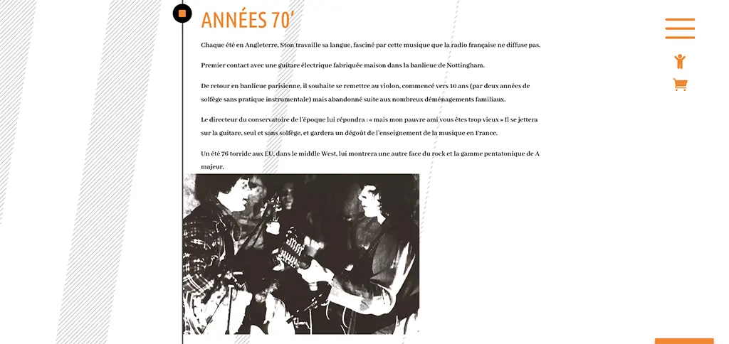 Page biographique de STON montrant le parcours musical dans les années 70 avec contenu éditorial et photo d’époque