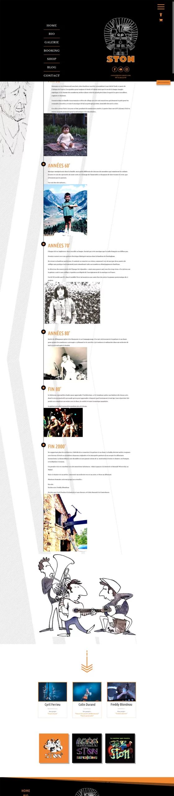 Page de biographie du site STON présentant le parcours artistique à travers une timeline et du contenu éditorial