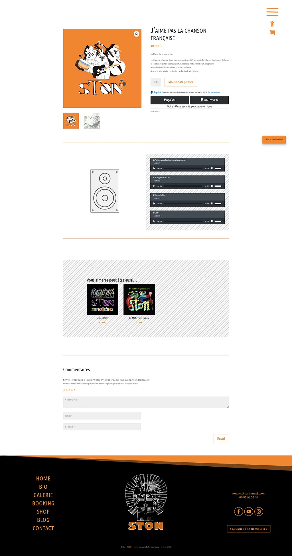 Page produit du site web STON présentant un album avec option d’achat en ligne et interface e-commerce