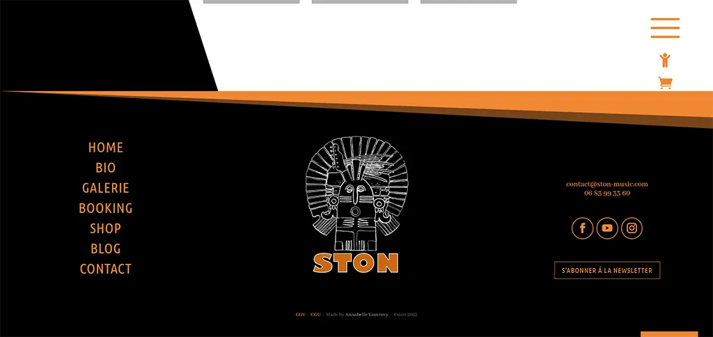 Footer du site STON montrant la navigation complète, les informations de contact et les réseaux sociaux