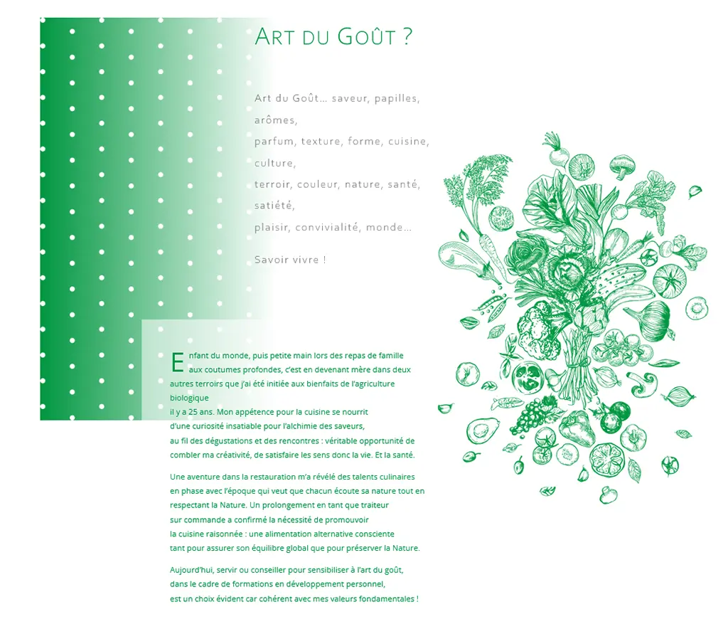 Présentation de l’univers Art du Goût sur le site web Couleurs DELPH mettant en avant la cuisine raisonnée, les saveurs et l’alimentation consciente