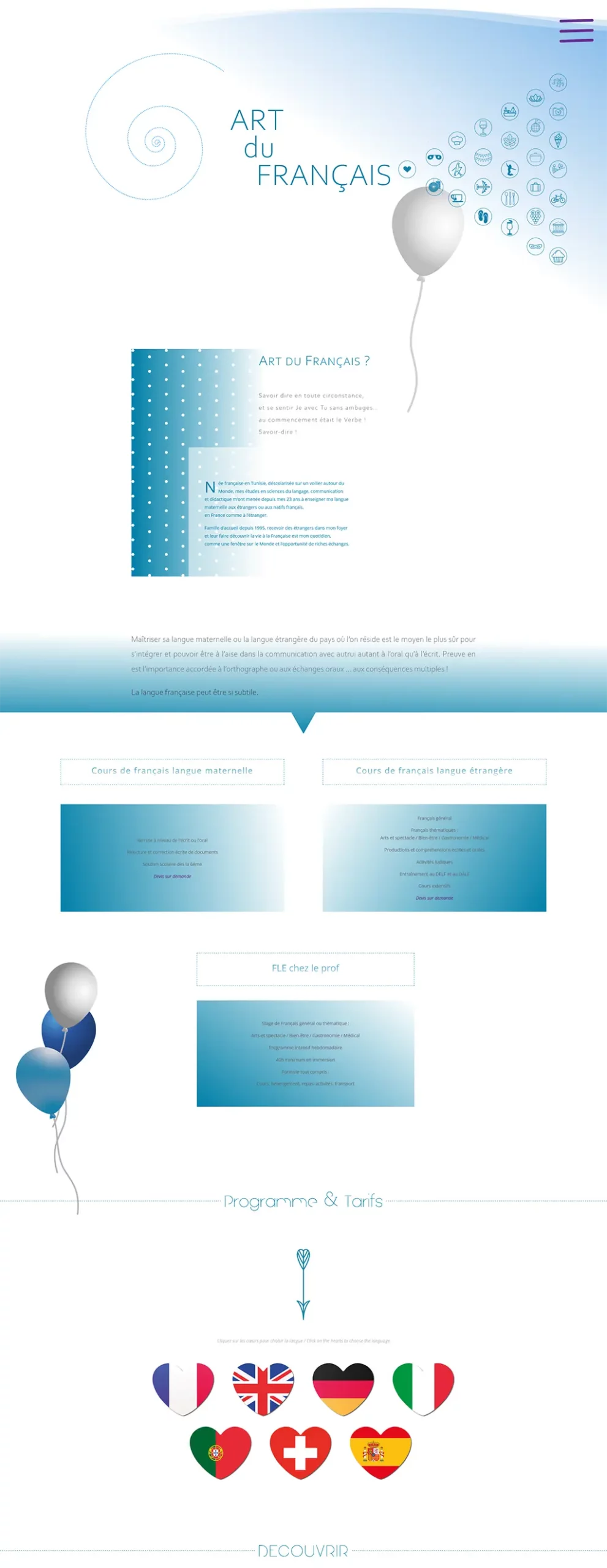 Section Art du Français du site web Couleurs DELPH présentant les cours de français et l’accompagnement linguistique
